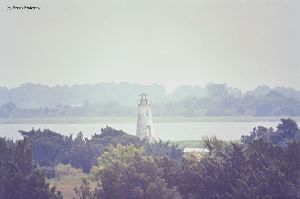Lighthouse with trees in foreground.