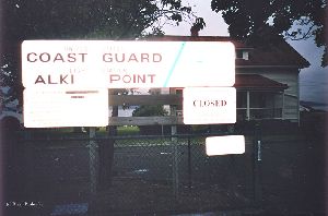 Sign marking the Alki Point Lighthouse.