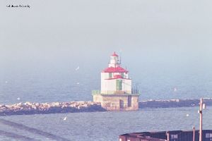Ashtabula Lighthouse on breakwater with birds.