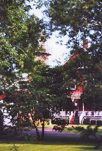 Close up of house and tower through the trees.