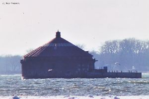 Close up of the Intake Crib Light, ice in lake.