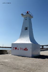 Graffiti on the front of the tower.