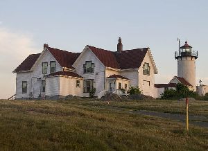 Close up photo of Eastern Point Lighthouse.