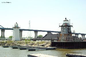 Both lighthouses stand in front of I-43.