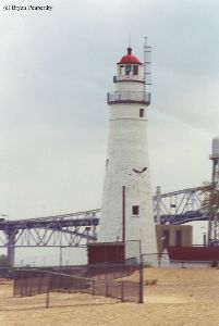 Close up of the lighthouse and the bridge.