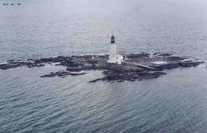 Aerial view of the Halfway Rock Lighthouse.