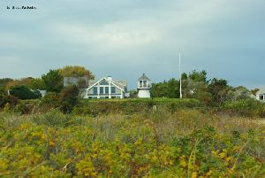 The tower stands a ways from the beach.