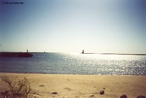 Distance shot of the two pierhead lights.