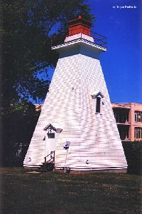Close up, side view of lighthouse.