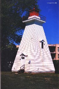 Close up, side view of lighthouse.