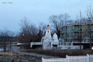 The rear range light with a glowing red light.