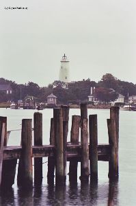 The lighthouse and dock pilings.