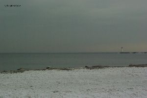 Ice collects by the shore.