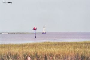 Lighthouse, water and grass in foregound.
