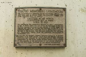 The plaque on the side of the Titanic Memorial Lighthouse.
